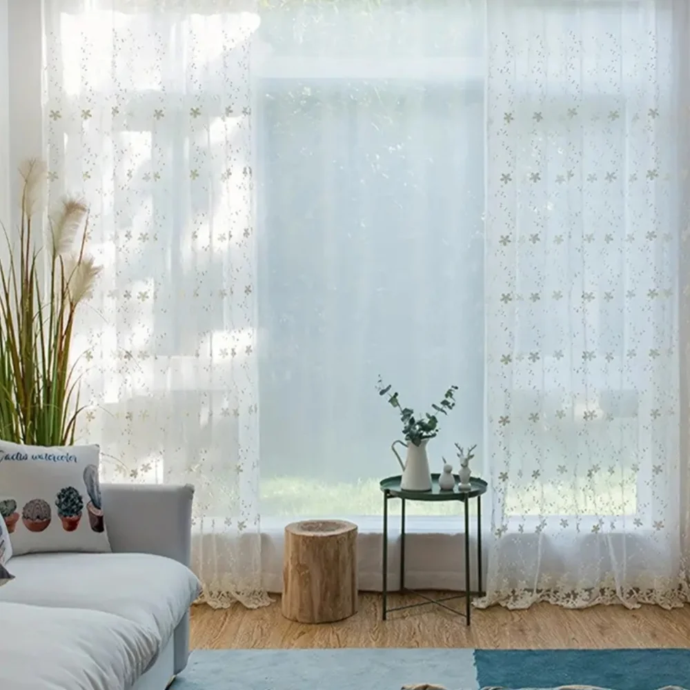 Sheer White Floral Curtain Panel